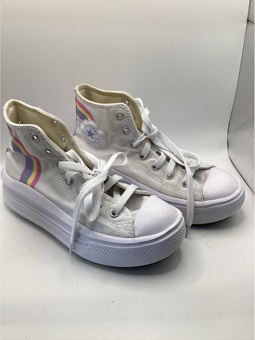 Converse All Star Platform Shoes Kids Size 3 White Rainbow High Top